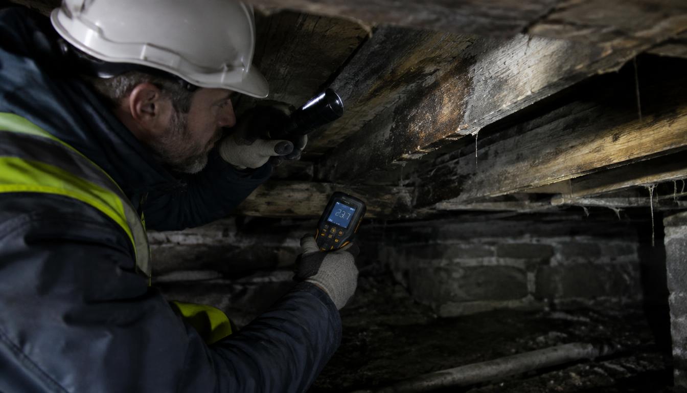 A TrueCheck surveyor checking damp floor timbers in a sub-floor void