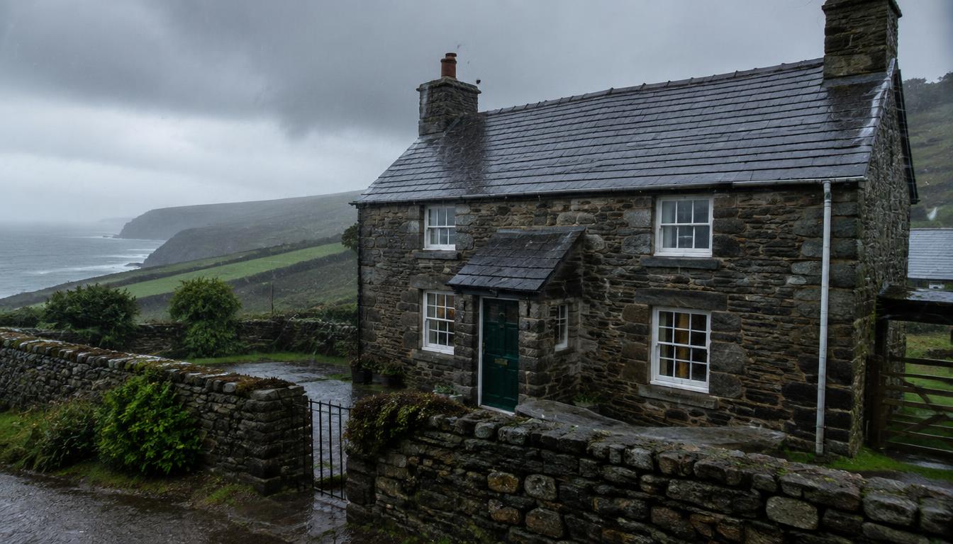 A Welsh stone cottage taking the full force of wind-driven coastal rain